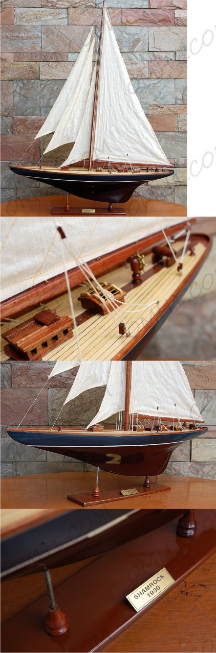 Y048 Shamrock Dark Blue & Brown Painted Medium Sailboat Schooner Yacht Model 32 Inches Long 