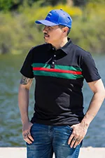 FA006 Hemingway Pilar Black w. Green & Red Stripes Regular Fit Polo Shirt by Alison Nautical fa006-hemingway-pilar-black-w-green-red-stripes-regular-fit-polo-shirt-by-alison-nautical-l08.jpg